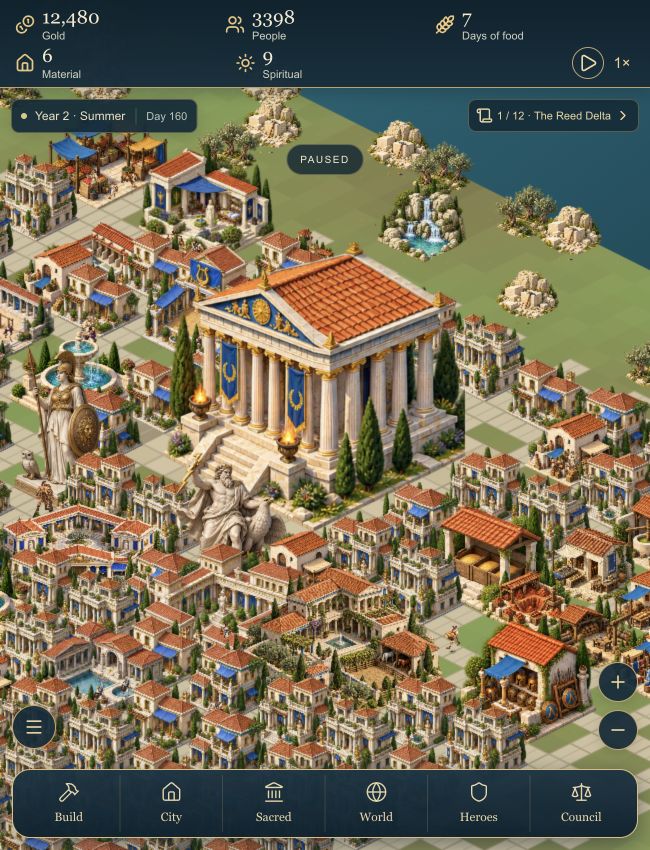 Mythic City gameplay: Athena’s completed sanctuary surrounded by a flourishing city