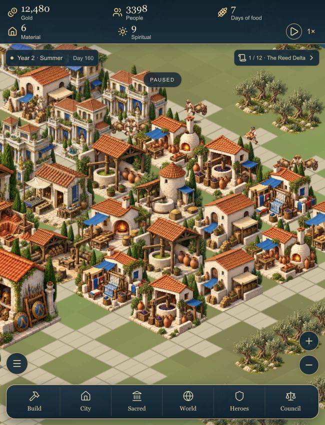 Mythic City gameplay: a busy district of mills, kilns, presses and workshops