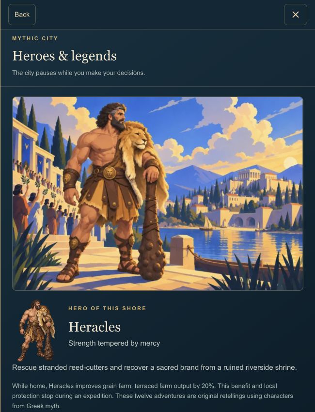 Mythic City gameplay: Heracles in the Heroes and legends menu